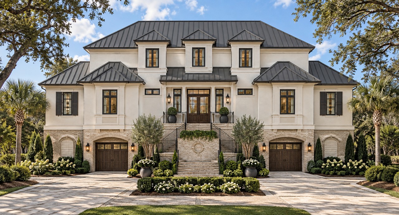 Rendering of the front of the DeBordieu spec home: white stucco over brick, a standing-seam metal roof, twin entry stairs and two garages