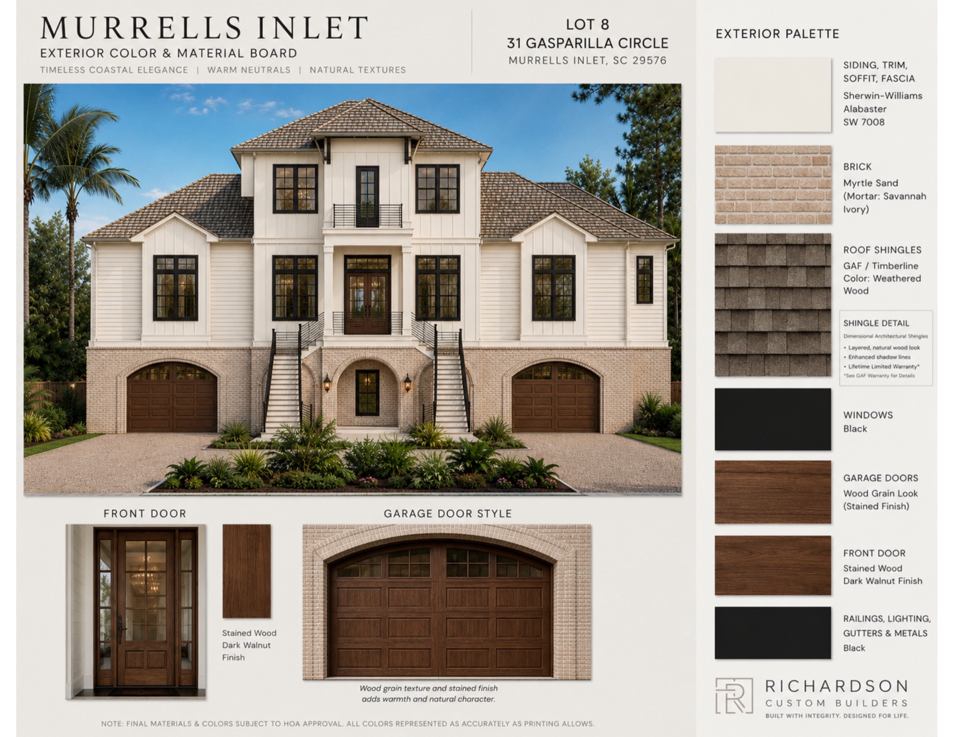 Exterior color and material board for 31 Gasparilla Circle: a three-story raised coastal home with Alabaster siding and trim, Myrtle Sand brick, Weathered Wood shingles, black windows and railings, twin entry stairs and arched stained-wood garage doors