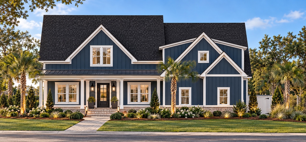 Rendering of the front of the Ridge Road #6 custom home: navy board-and-batten siding, white trim, a dark shingle roof with a metal porch roof, and a covered front porch on a brick base